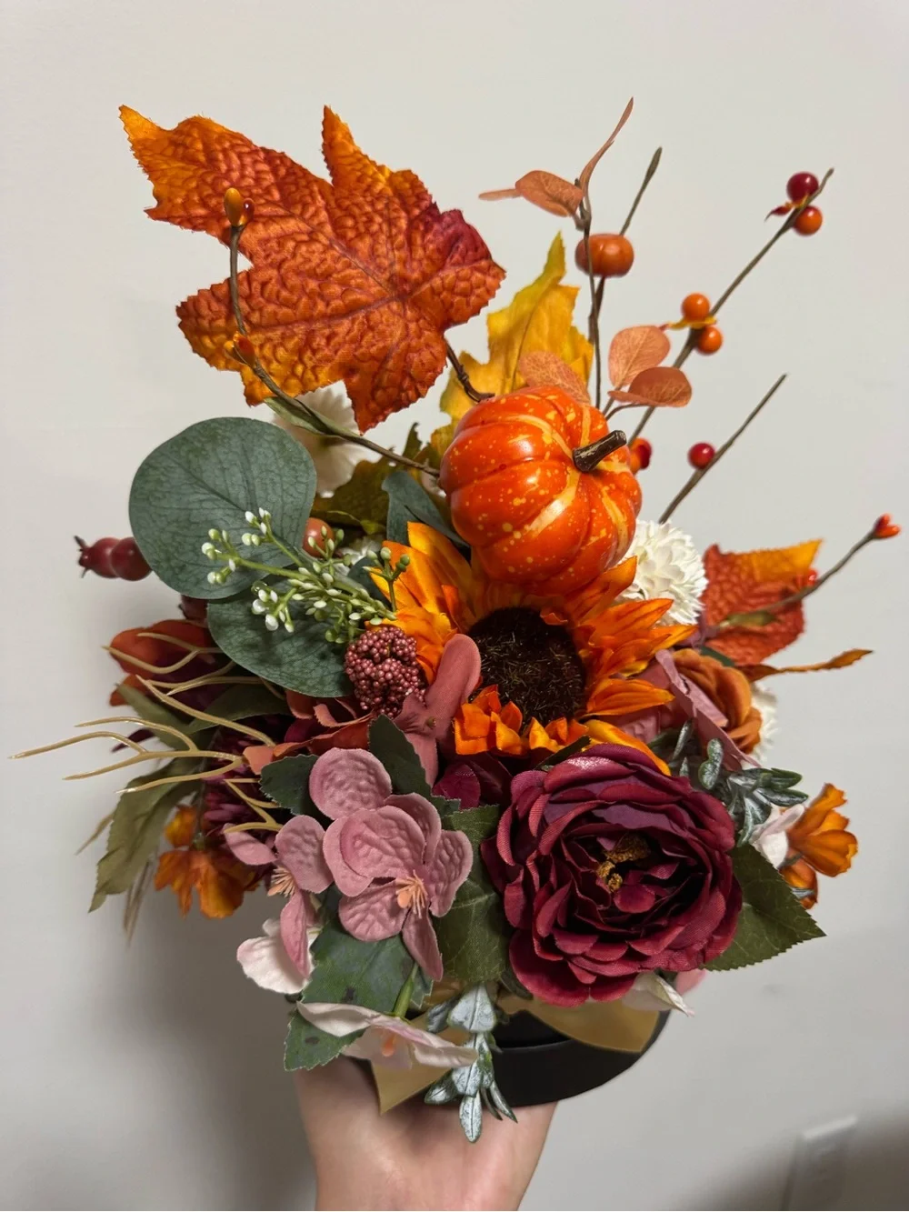 Handmade Fall Floral Arrangement with Pumpkin – Autumn Thanksgiving Centerpiece